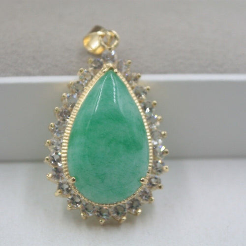 10% OFF-  Certified Natural Jadeite Emerald A Jade Handcarved Lovely Green Jade Pear Shape Pendant in 18K GP 42mm H