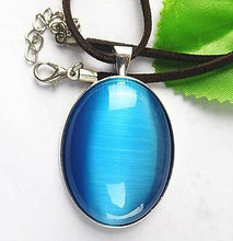 Load image into Gallery viewer, 10% OFF- Certified Natural Sea Blue Emerald A*Jade Oval Cat Eye Pendant with 18&#39;&#39; Rope Necklace