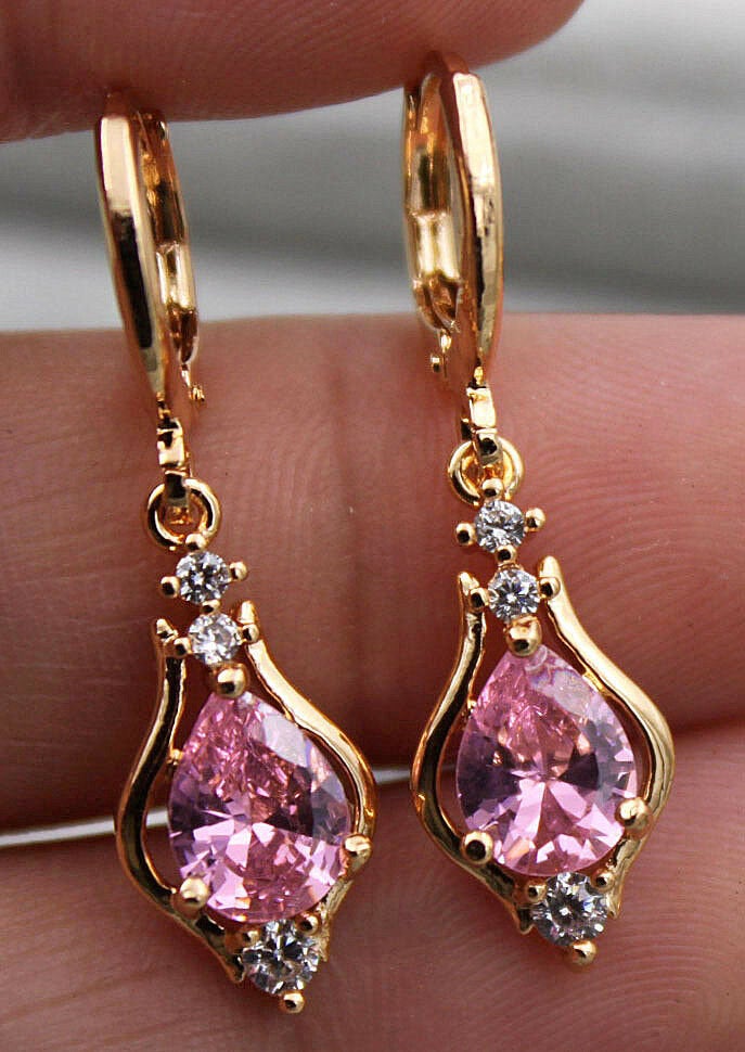 10% OFF- 18K Yellow Gold Filled 1.2'' Hollow Teardrop Peridot Pink Topaz Gems Women Earrings with Gift Box