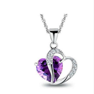 10% OFF- Women Heart Water Blue, Pink, Purple Gem Rhinestone Pendant-Silver Necklace A2019