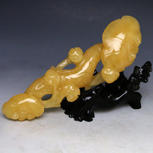 10''Height-Chinese Genuine Natural Yellow Jade Hand-Carved Lingzhi & Ruyi Statue (Medium)