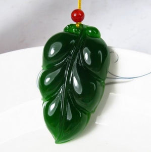 Certified Natural Green Hetain Jade HandCarved Leaf Pendant